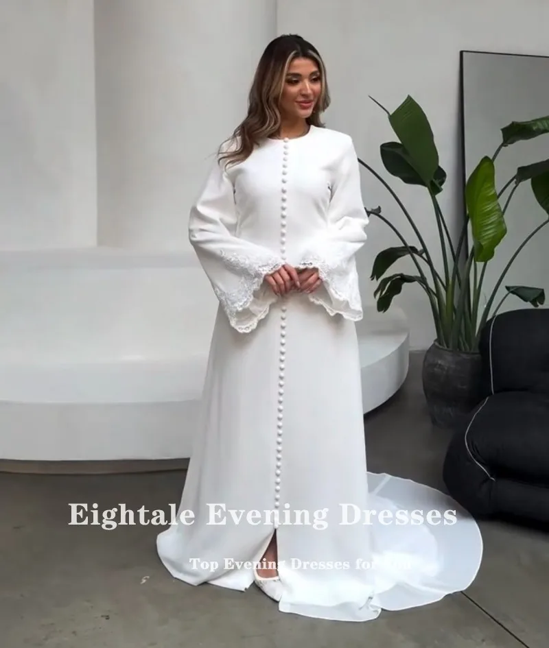 Eightale Arabic Wedding Dress Customized Ivory Satin Appliques Lace Muslim Long Sleeves Buttons Bridal Gown Bride Party Dress image 5