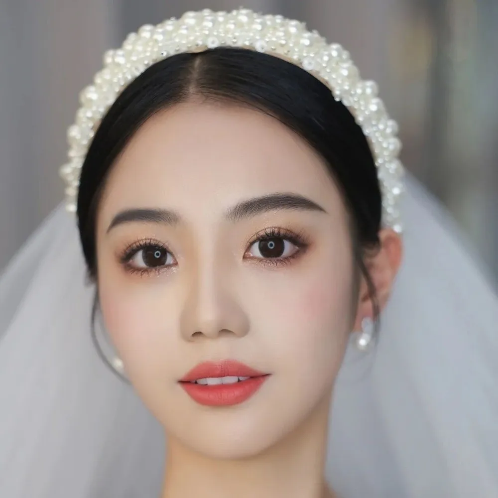 

Elegant Wide Side Bridal Hair Hoop Large Baroque Pearl Headbands Korean Style Handmade Women Hairbands Wedding