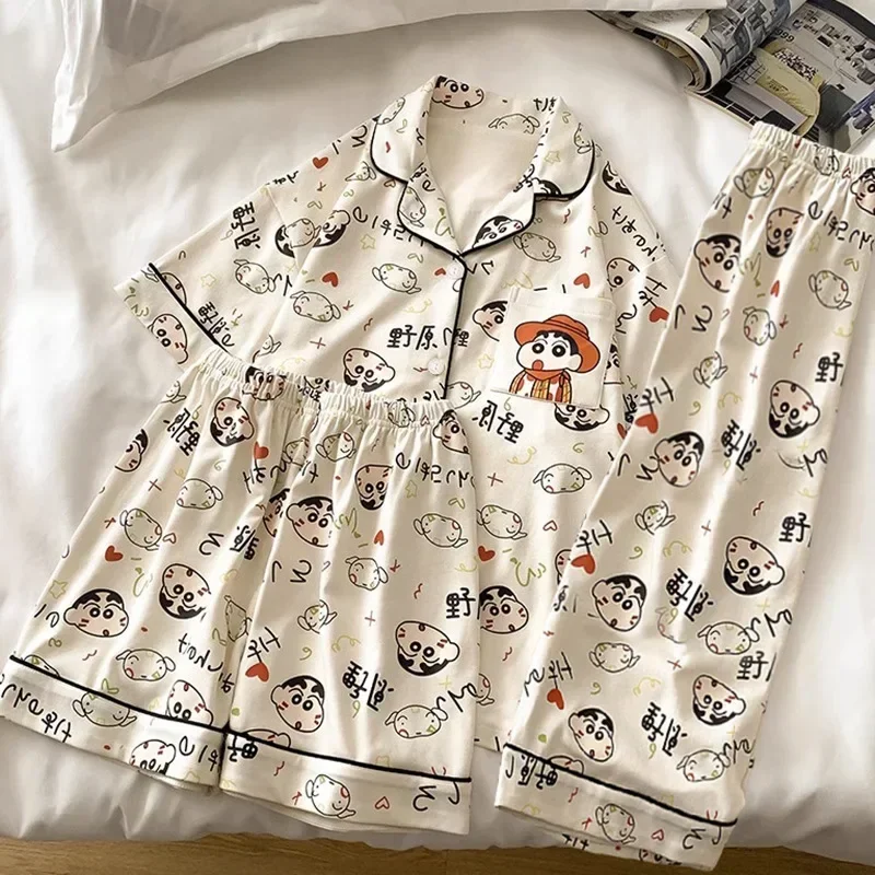 Soft Crayon Boy Shin C-Chan Staycation Pajama Set Cute Cartoon Spring and Autumn Three-piece Set Girls Fashion Short Sleeves