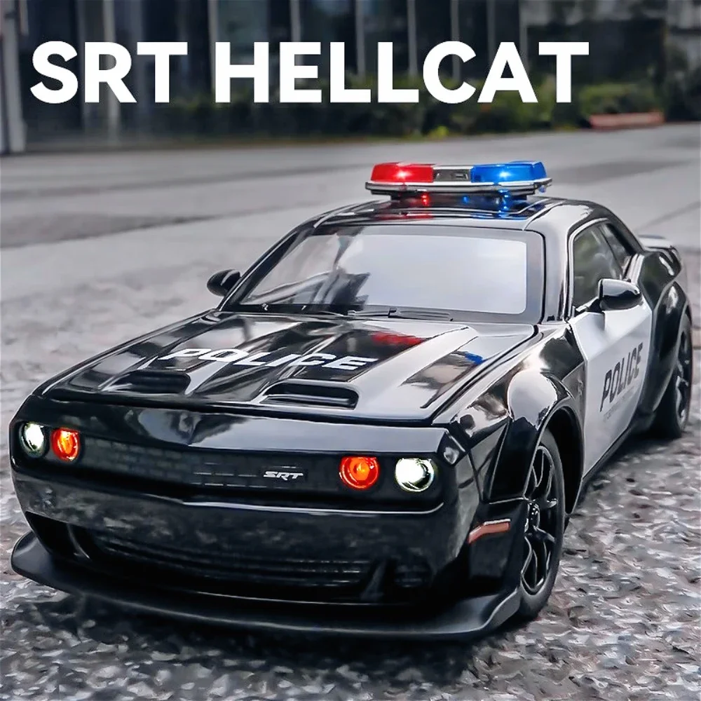 1:24 مقياس دودج تشالينجر SRT Hellcat سيارة شرطة لعبة مجسمة الأبواب مفتوحة التراجع ضوء الموسيقى مصغرة مركبة أطفال بنين هدية