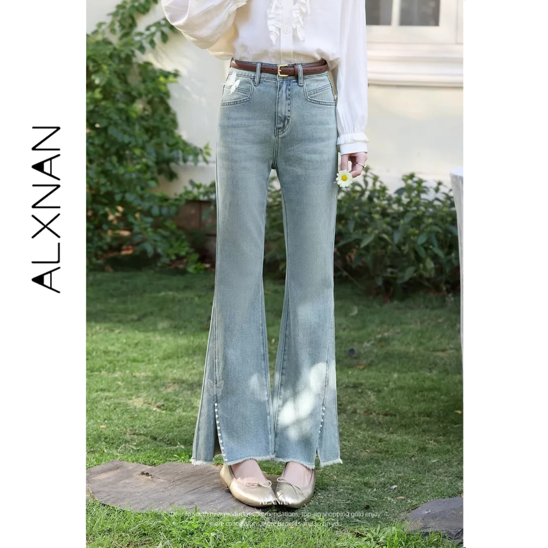 

ALXNAN Vintage Flared Jeans Women Spring Blue Butterfly Embroidery Slit Beaded Frayed Hem Design Straight Denim Pants L61827