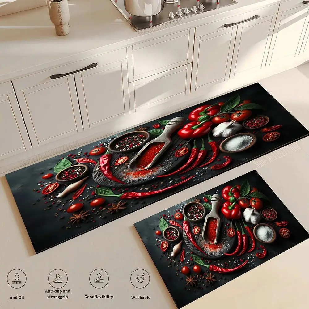 VIKAMA Spices Print Kitchen Rug Anti-slip Waterproof Doormat for Living Room Bedroom Entrance