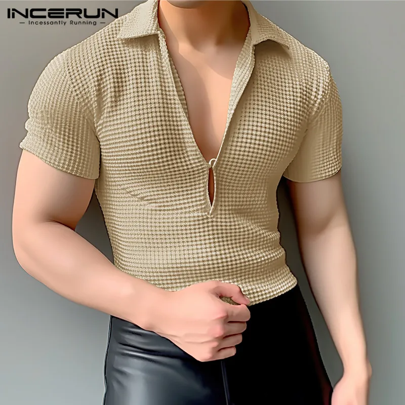 INCERUN Tops 2024 Korean Style Fashion Mens Texture Deep V Design T-shirts Casual Streetwear Short Sleeve Knitted Camiseta S-5XL