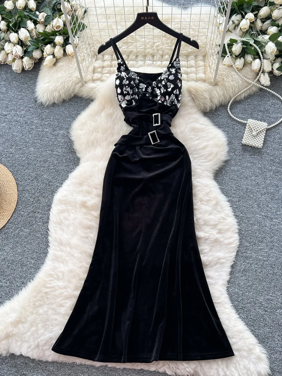 Foamlina francês luxo socialite lantejoulas vestido de veludo feminino 2025 outono cintura fina temperamento elegante longo vestido de festa