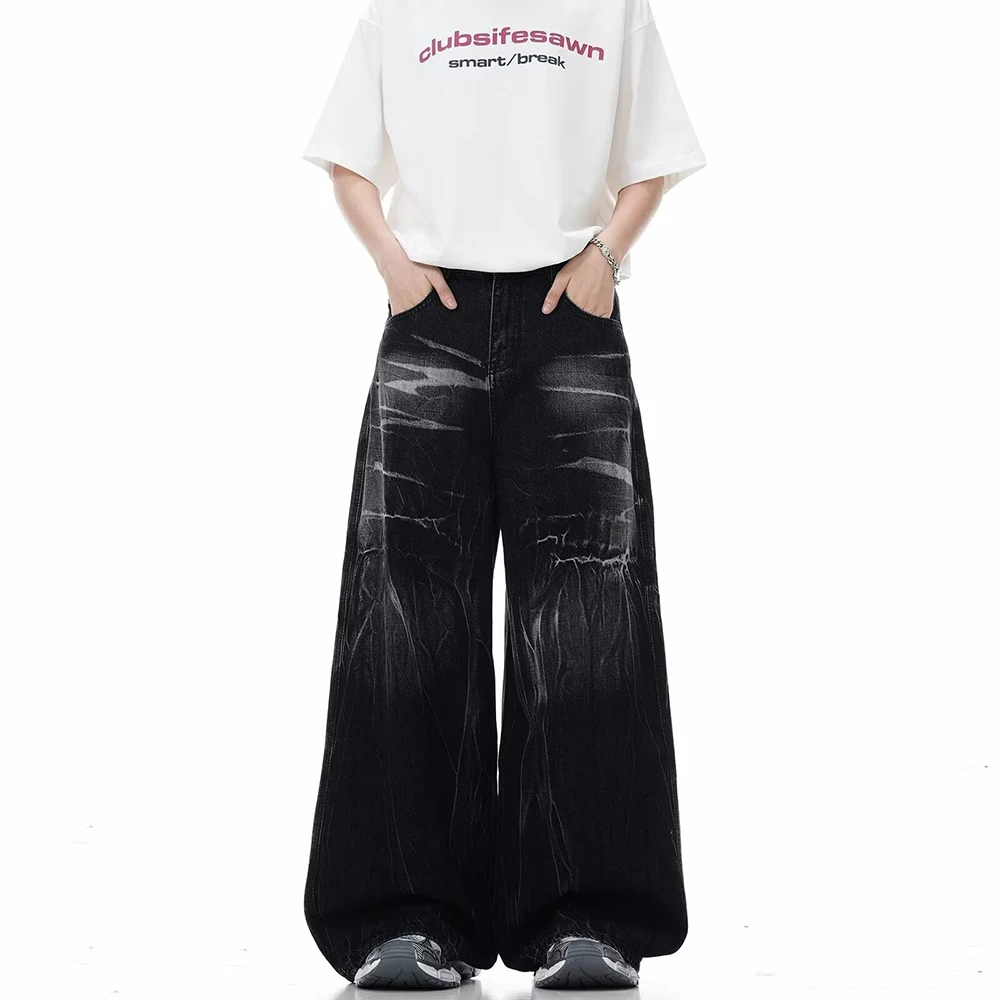 男性ジーンズ雷グラフィックデザインカジュアルパンツ春ストリートファッション原宿アメリカンヒップホップレトロワイドレッグパンツ 2025 新