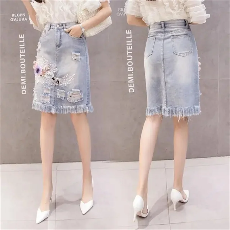 2024 Women's Denim Skirts Spring Summer High Waist Heavy Work Embroidery Flower Jeans Skirt Hole Cowboy Skirt