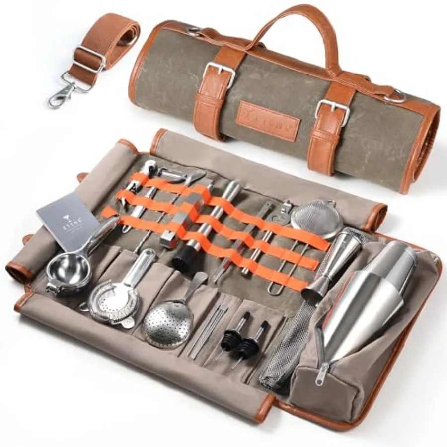 

Travel Bartender Kit 22Pc Bartending Kit with Bar Tools Bartender Accessories Waxed Canvas Tool Bag Professional Stainless Stee