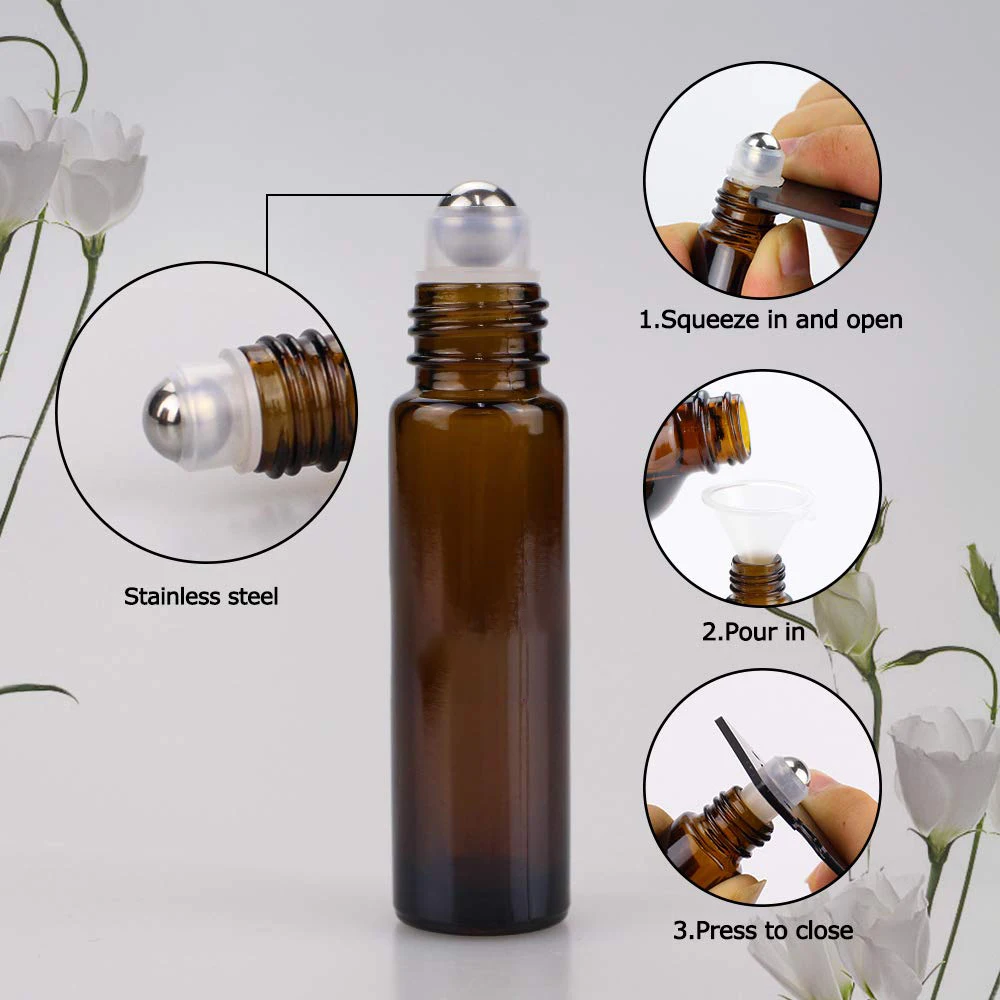 12pcs + 4 accessories 10ml amber glass roller bottle with 12 essential oil bottles, 2 funnels, 2 droppers