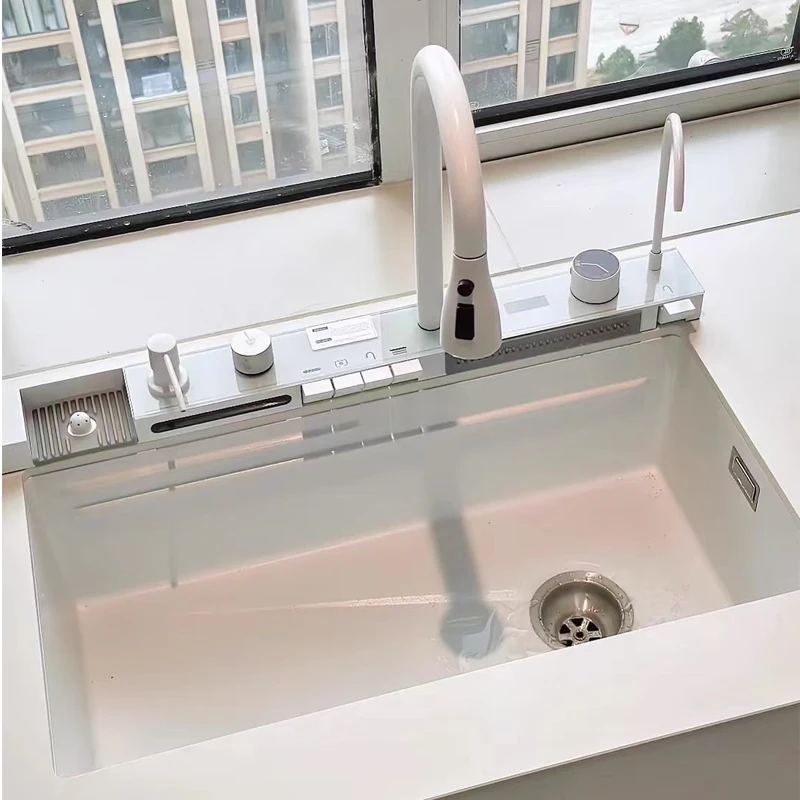 Biały Wieloryb Deszcz Wodospad Zlewozmywak Kuchenny Stal Nierdzewna 304 z Cyfrowym Wyświetlaczem Pogrubiona Konstrukcja Plastra Miodu do Domu