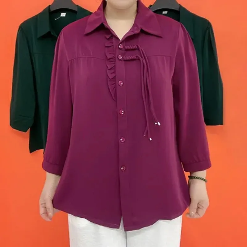 

Women's Purple Ruffled Placket Blouse with Frog Button Detail and 3/4 Sleeves Casual Loose Fit Shirt