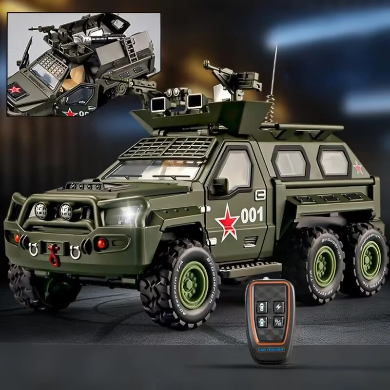 1:24 Key Remote Control Version Alloy Military Armored Car Model Missile Off-road Vehicle Explosion Proof Car Model Kid Toy Gift