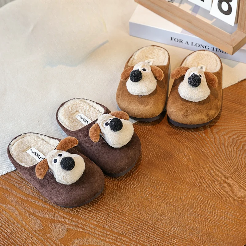 

Зимние домашние тапочки для детей, теплые плюшевые нейтральные домашние нескользящие удобные хлопковые тапочки с рисунком собаки для мальчиков и девочек