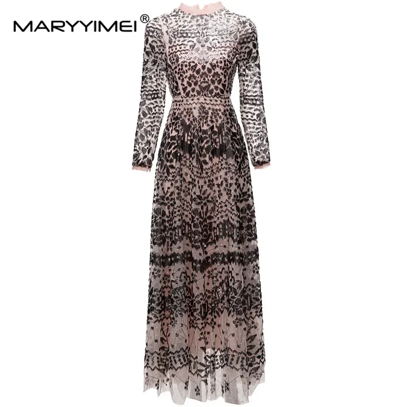 

MARYYIMEI Fashion Designer Autumn Women's dress Long sleeved Slim Elegant Party Mesh Sequin Maxi Dresses