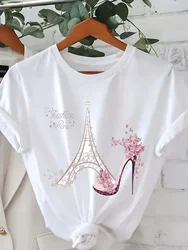 Vibrant Eiffel Tower Graphic Tee Casual Short Sleeve Crew Neck Top for Spring & Summer with Comfortable
