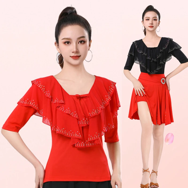 latin-dance-mid-sleeve-diamond-modern-dance-performance-round-neck-three-step-guit-dance-skirt-square-dance-top-women's-fitness