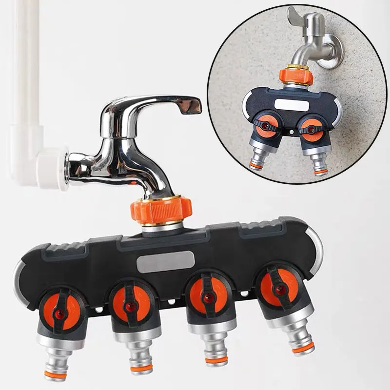 

1Pc 1/2" 3/4" Garden Hose Splitter 4 Way Distributor Tap Zinc Alloy Water Connection Distributor with Separate Regulator Valve