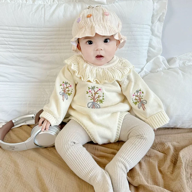 Novo bebê de malha macacão outono bordado bebê meninas macacão babados colarinho manga longa roupas recém-nascidos infantil macacões do bebê