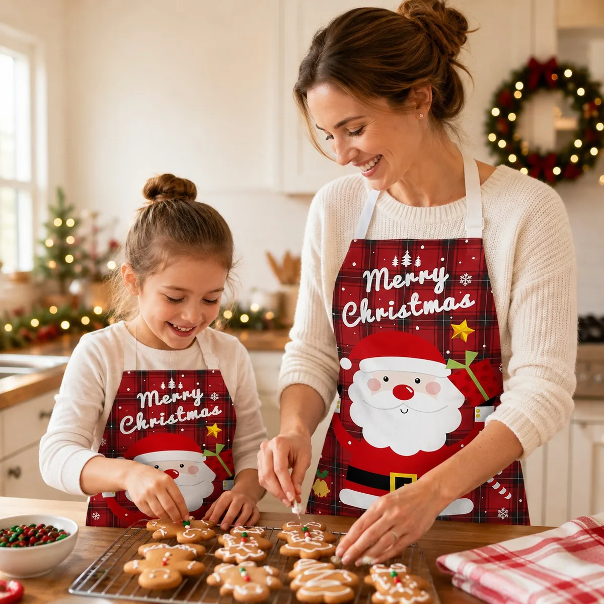Christmas Apron for Adults & Kids, Matching Family Holiday Baking & Cooking, Santa Gingerbread Snowman Reindeer, 1 Piece