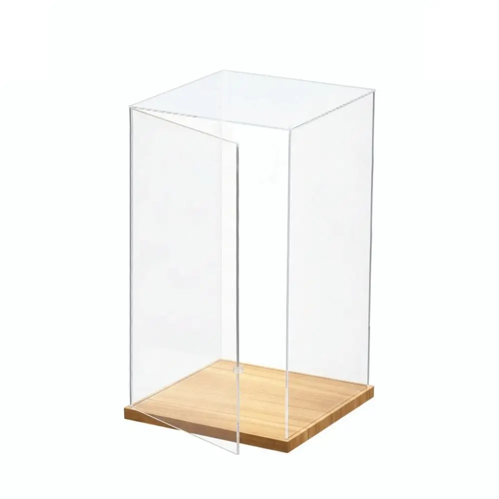 Transparent Acrylic Acrylic Display Case Stackable Design No-glue Assembly Model Display Case Wooden Bottom Display Box