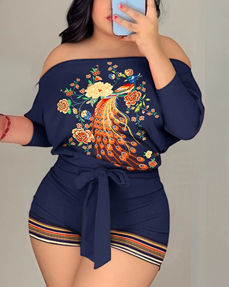 2025 Set di tute da donna alla moda taglie forti con stampa floreale con spalle scoperte e dettagli legati