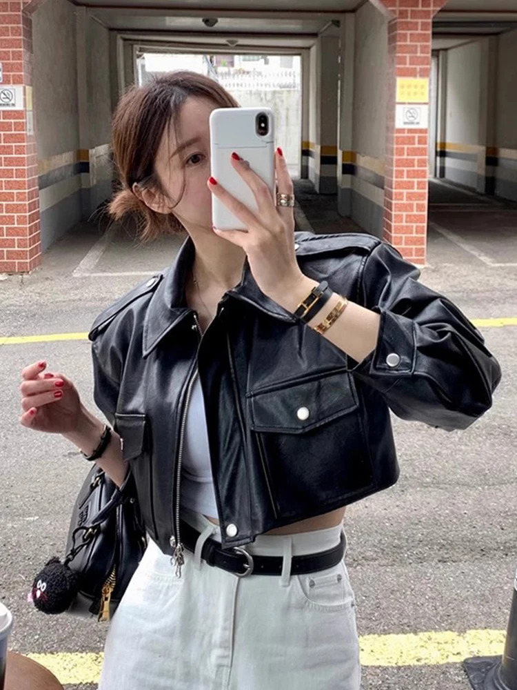 Sli outono motocicleta jaet feminino solto ajuste colarinho duplo ket ort casaco de couro do plutônio na moda comute resistente ao vento
