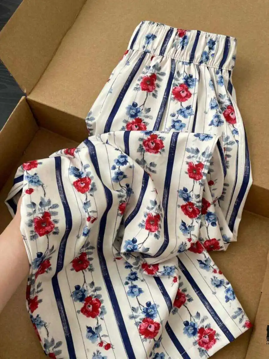 

Women Flower Print Long Pants Baggy Striped Sweatpants Harajuku Japanese 2000s Style Y2k Vintage Trouser Oversize Clothes Summer