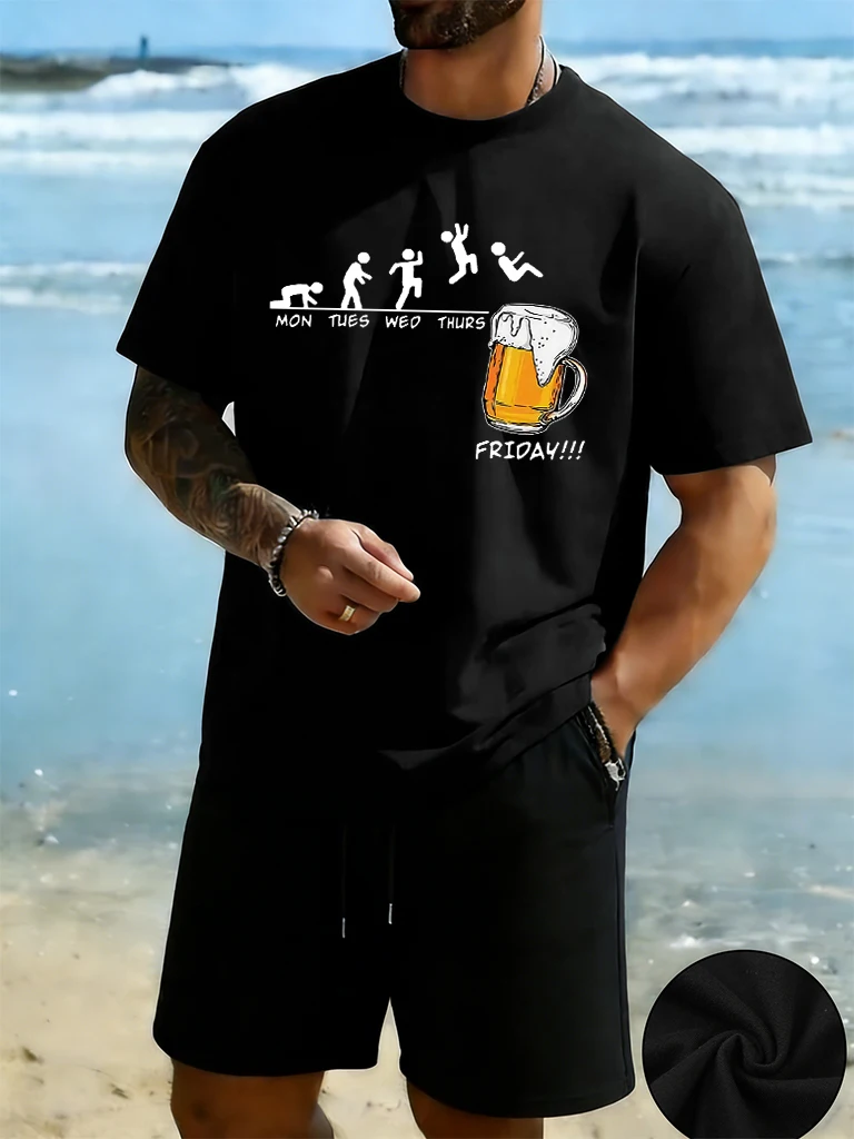 

Jumping Into The Beer Friday Evolution Print Basics O-Neck Male Streetwear Suits Cotton Running Short Sleeve Loose Summer Shorts