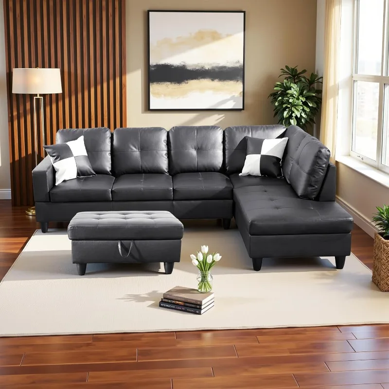 Modern L-shaped Sectional with Ottoman, Dark Grey Faux Leather Sofa for