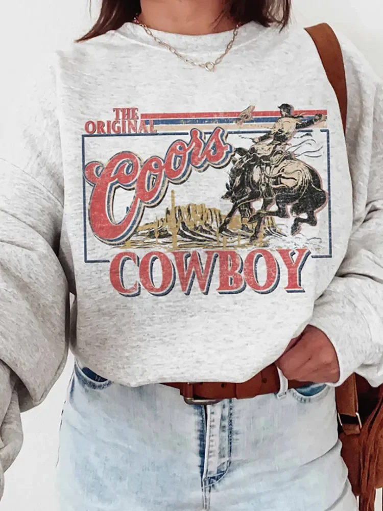 Autumn Vintage Style Cowboy Printing Crewneck Sweatshirt Unisex Loose Cotton Thick Warm Women Pullovers Casual Western Tops