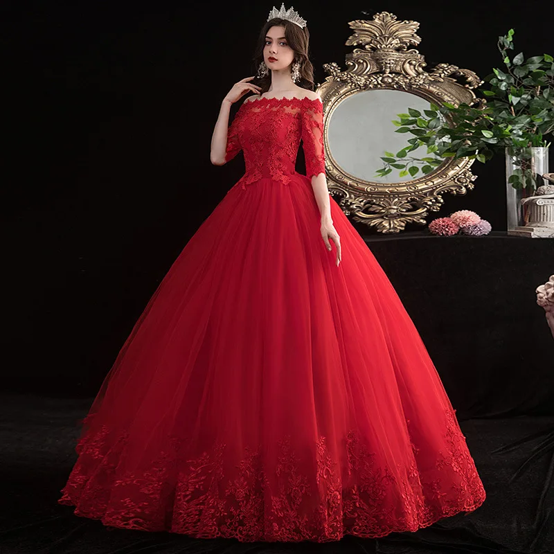 Abiti da sposa rossi elegante scollo a barca Vestido De Noiva abito da ballo classico in pizzo con le taglie forti Robe De Mariee 2023