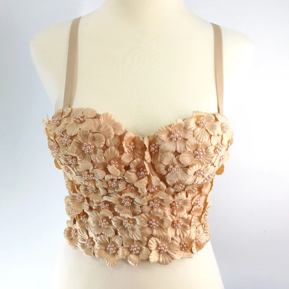 

Push Up Flower Sexy Push Up Bra Pearl Decoration Backless Design Tube Top with Chest Pad Tube Top Outer Wear Fish Bone Top