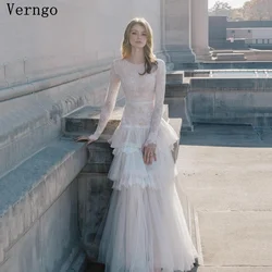 Verngo lvory Lace Elegant Prom Gown High Neck Full Sleeves Israel Tiered Modest Party Dress Forma Dresses Outfit Customized