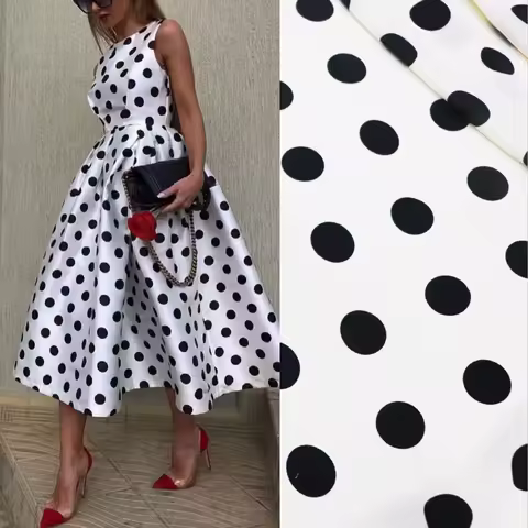White polka dot printed Mikado fabric thick twill satin wedding dress, evening gown, dress set designer fabric