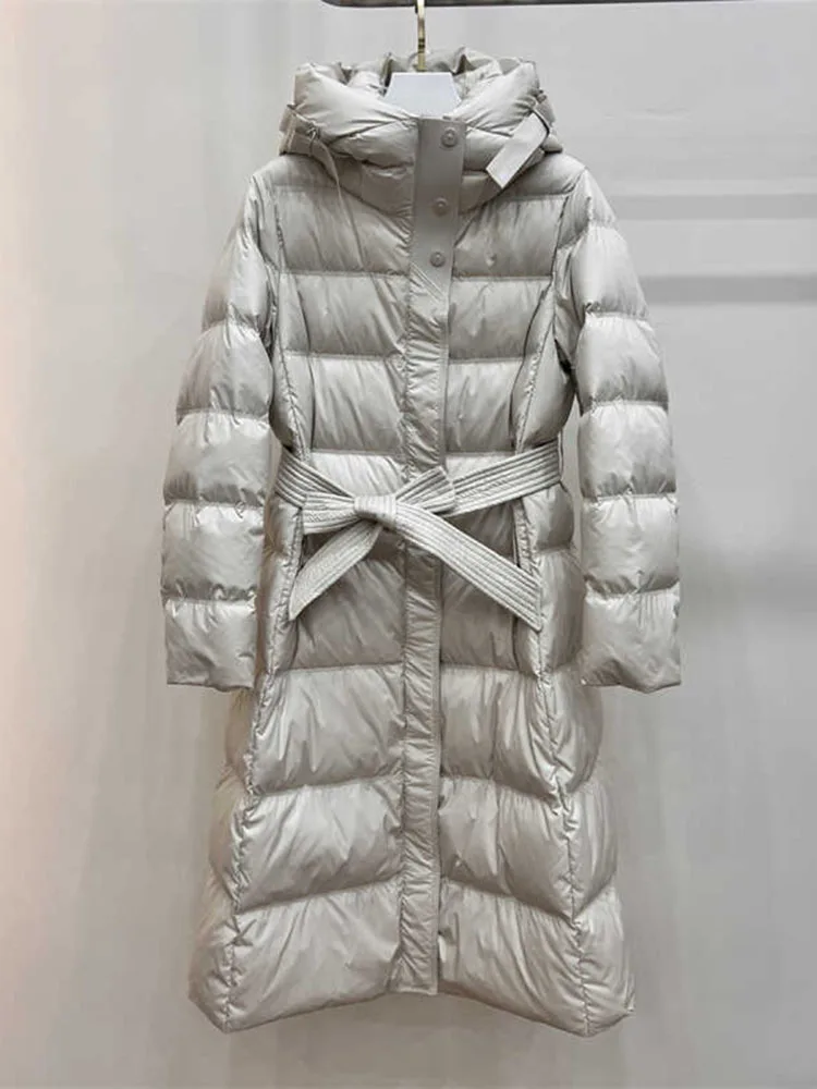 Casaco longo com capuz de pato para mulheres, casaco puffer feminino, outerwear feminino com cinto, grosso, 90% branco, qualidade superior, inverno, 2024