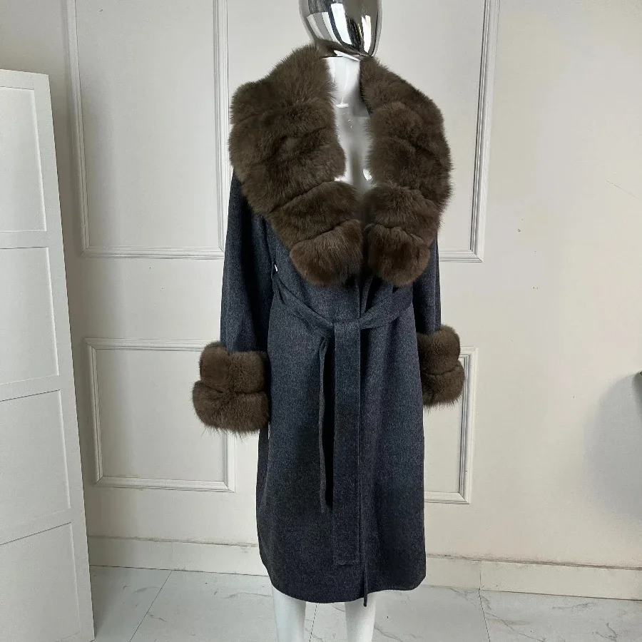 Mantel aus Wollmischung, echte Fuchspelzjacke mit Gürtel, langer Kaschmir-Wollmantel, luxuriöse Woll-Trenchcoats