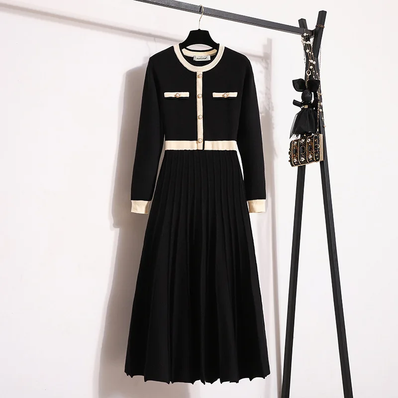 Outono cor contrastante vestido de malha para mulheres moda francesa elegante senhora em torno do pescoço manga comprida camisola vestidos plissados