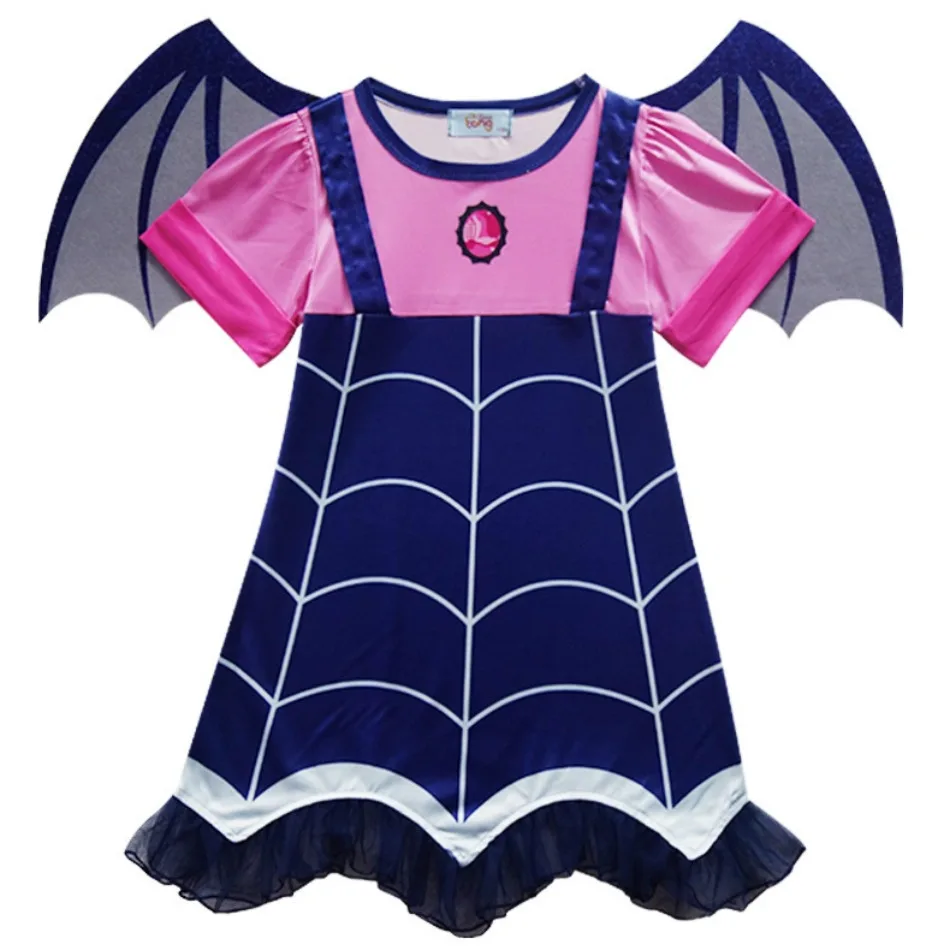 Girls Pink Blue Spider Web Print Dress Kids Bat Wings Costume Toddler Halloween Carnival Fancy Dress Up Photo Party Outfit TSJ45