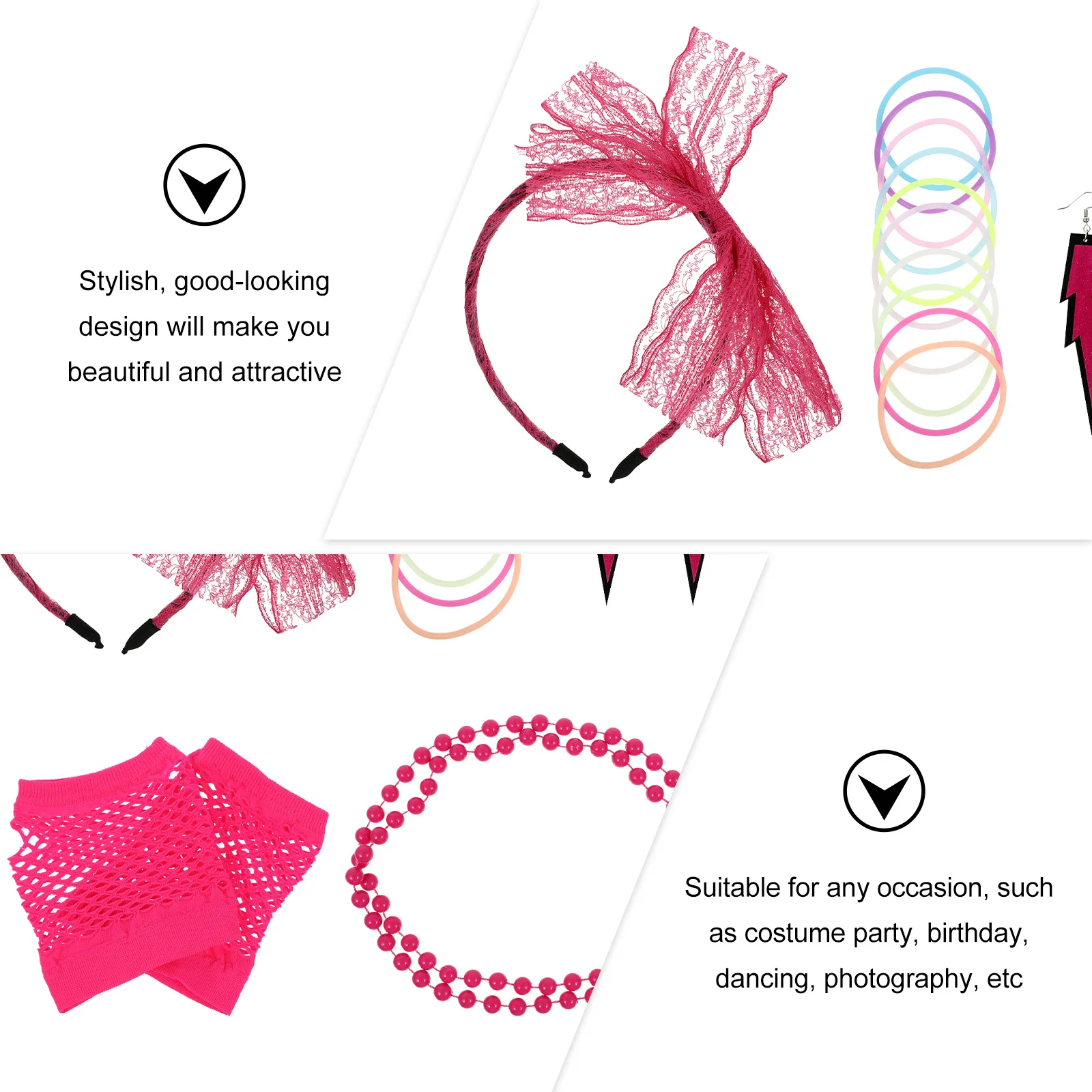 1 Set Cloth Party Hairband Gloves Retro Style Durable Earrings Necklace For Themed Parties Neon Party Wear Women Costume Prop