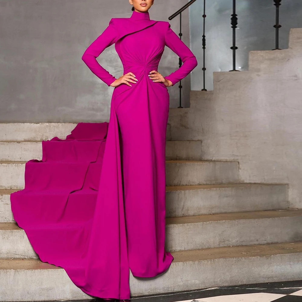 Dubai Evening Caftan Dress High Collar Long Sleeve Panel Train Solid Purple Pleats Straight Floor Length Bespoke Occasion Gowns