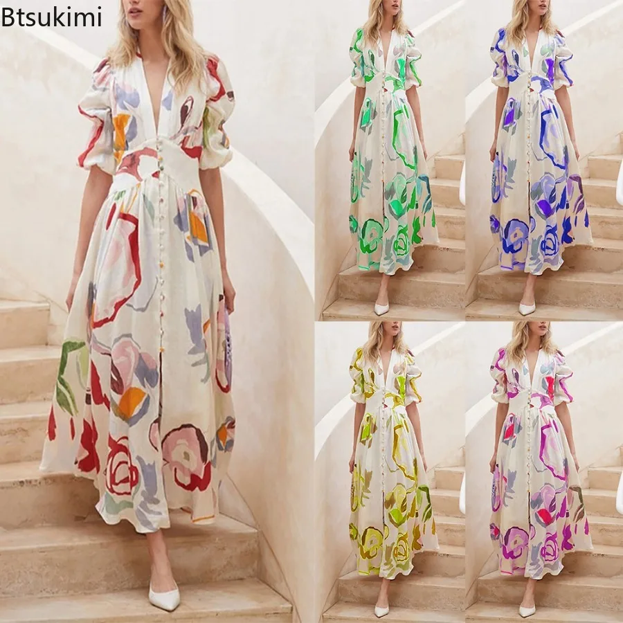 

2024 Summer Women's Printed Maxi Dress Fashion Elegant Short-sleeved A-line Vintage Long Dresses Deep V-neck Sexy Party Vestidos