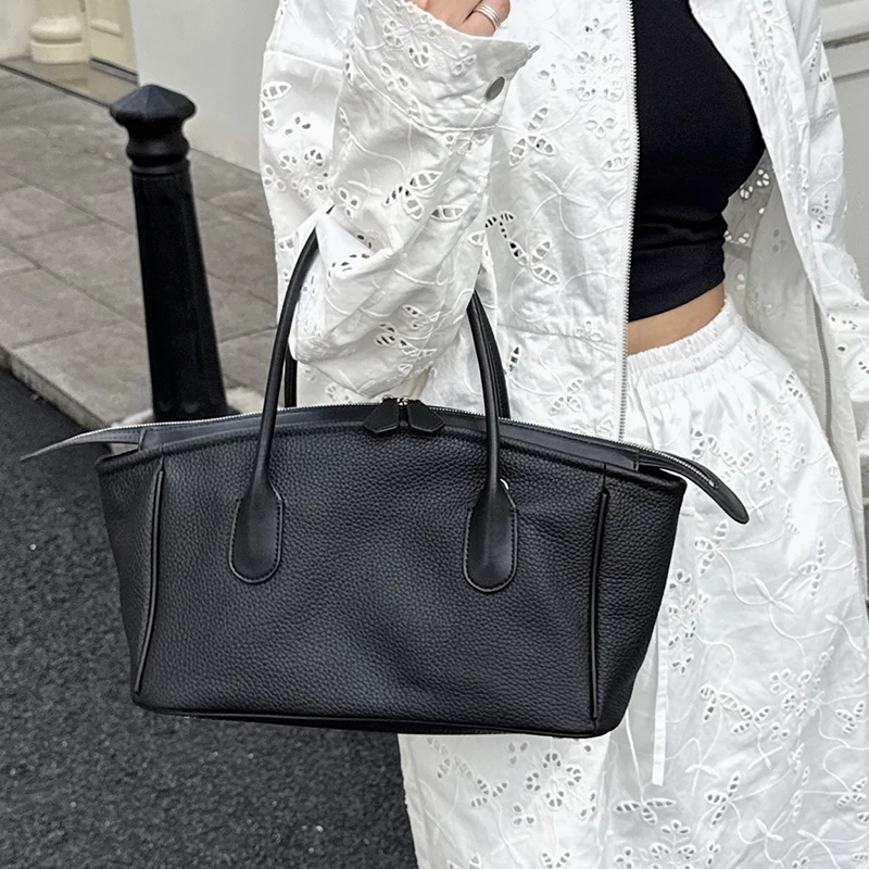 2026 Luxury Brand Genuine Leather Women Shoulder Fashion Solid Cowhide Handbags Women Simple Silver Zipper Tote Bags Woman