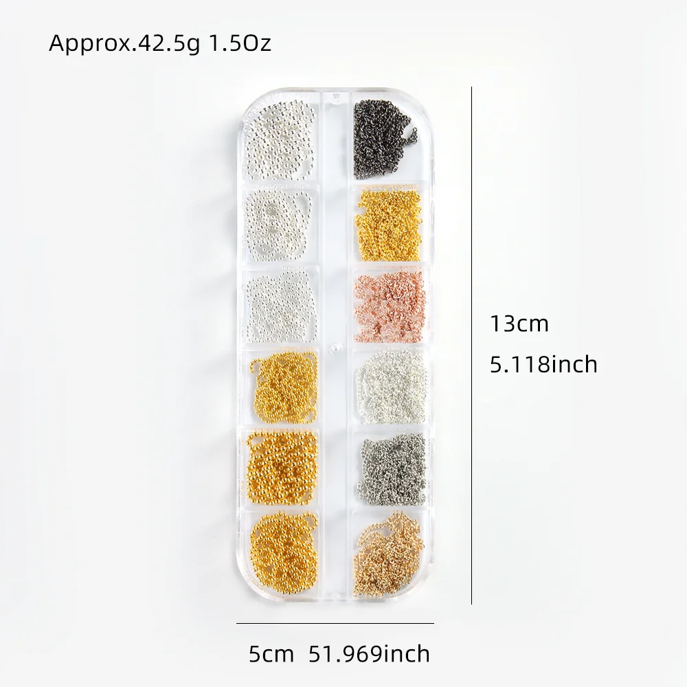 12Grids Metal Nail Art Chains Gold Silver Caviar Bead Chain Nail Studs Charms 3D Punk Metallic Chains Manicure Jewelry DIY Decor view 6