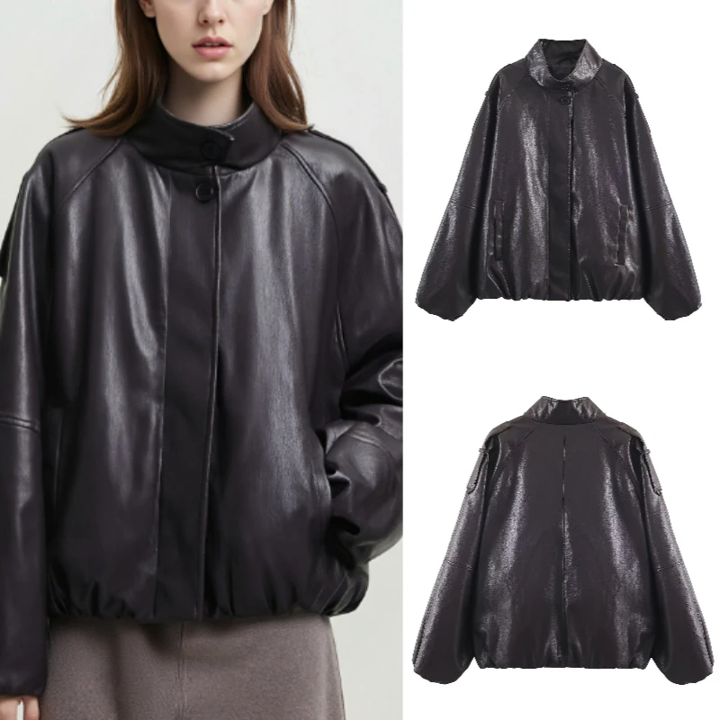 2025 가을/겨울 패셔너블하고 우아한 고급 인조 가죽 스탠드 칼라 재킷 트렌디한 가을 겨울 아우터웨어