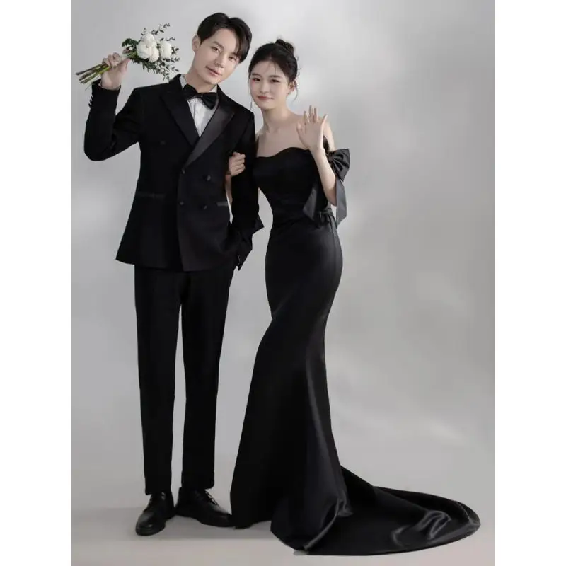 

French Satin Light Wedding Dress Off Shoulder Bow Black Satin Banquet Elegance Fishtail Dress Party Evening Dress Customized