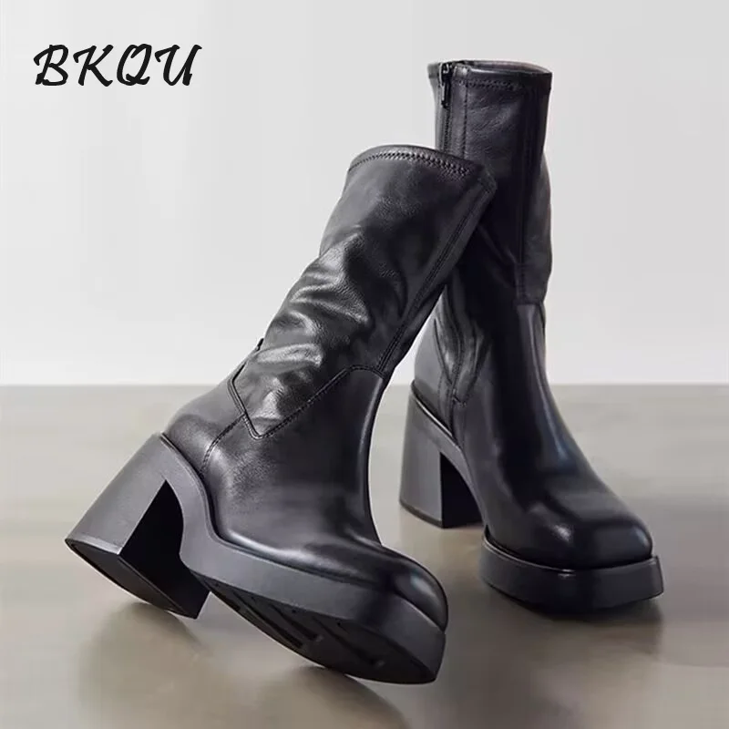 

BKQU High Heel Knight Mid-calf Boots Women Thick Heel Thick Sole Square Root 2025 Spring New Trend Chelsea Pile Lean Boots