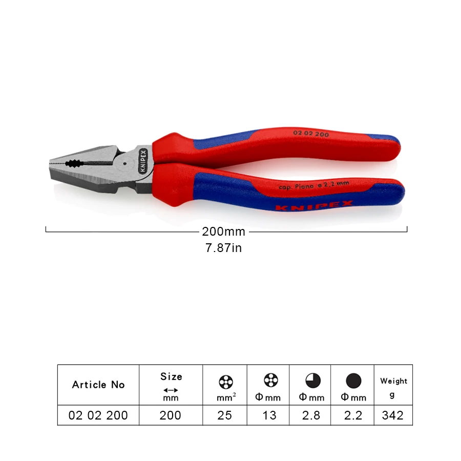 KNIPEX 0202200 High Leverage Lineman\'s Pliers 200mm Heavy Duty 63 HRC Cutting Edge Combination Pliers