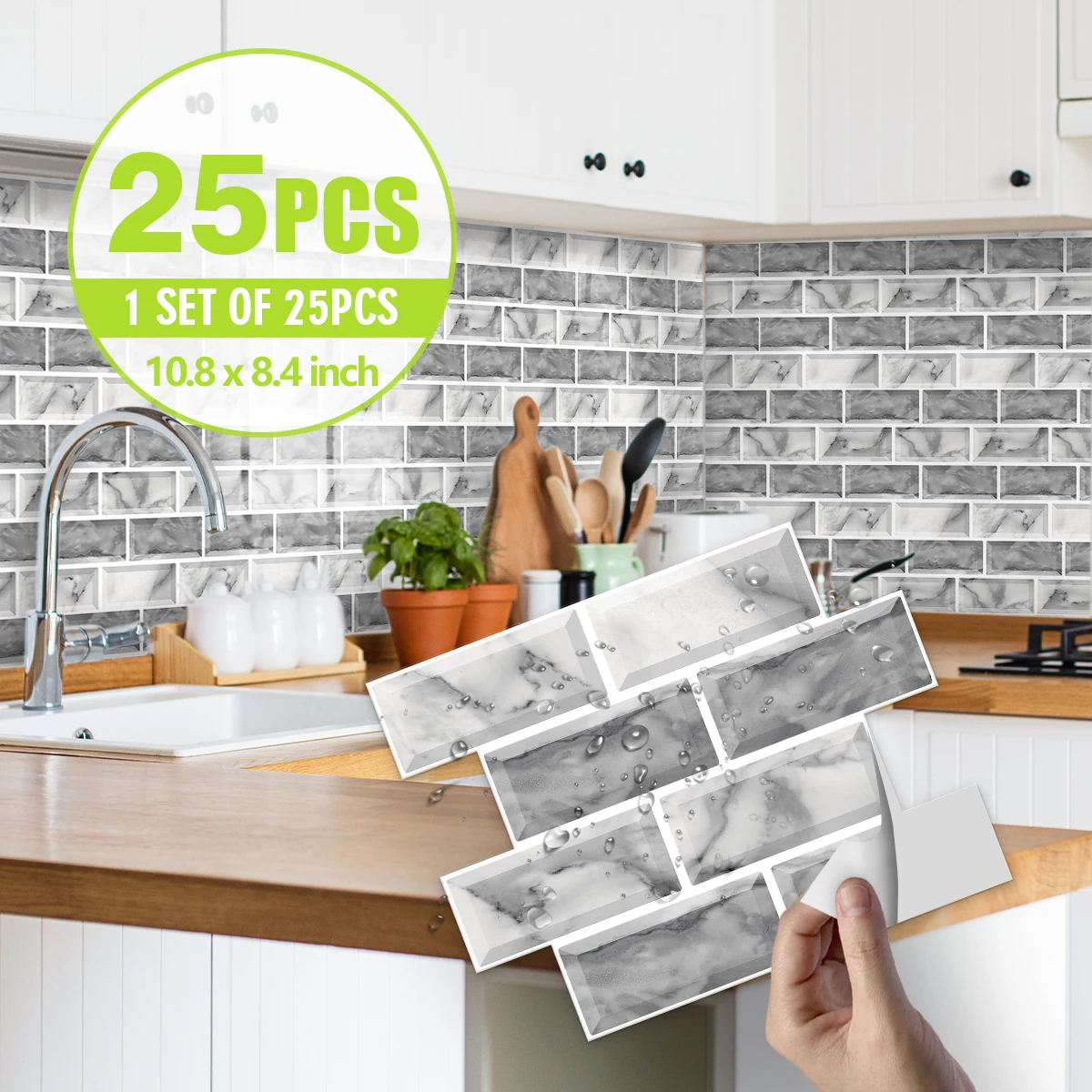 25PCS Grey Marble Pattern Waterproof & Oil Resistant Crystal Kitchen Stickers Thickened Moisture Resistant Self-Adhesive Sticker