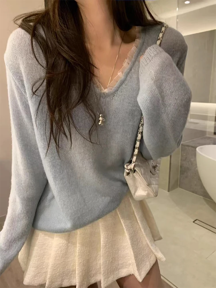 

Liangliang Lace Petal V-ne Knitwear Women's Loose Casual Color Base irt Spring New Sle Long Sve Crew Ne