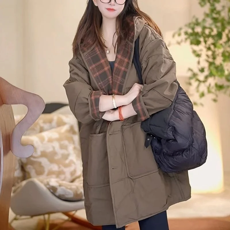 

Loose Fit Mid-Length Cotton Jacket with Cotton Sandwich for Women Autumn Winter Fashionable Vintage Style Coat with Hood