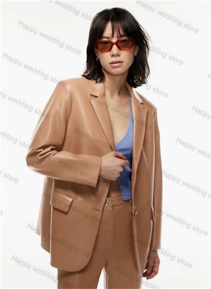 Khaki Pu Leather Formal Women Suit Pants Set 2 Piece Blazer+Trousers Wedding Tuxedo Office Lady Coat Jacket Tailored Size Jacket